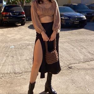 Black midi faux silk skirt